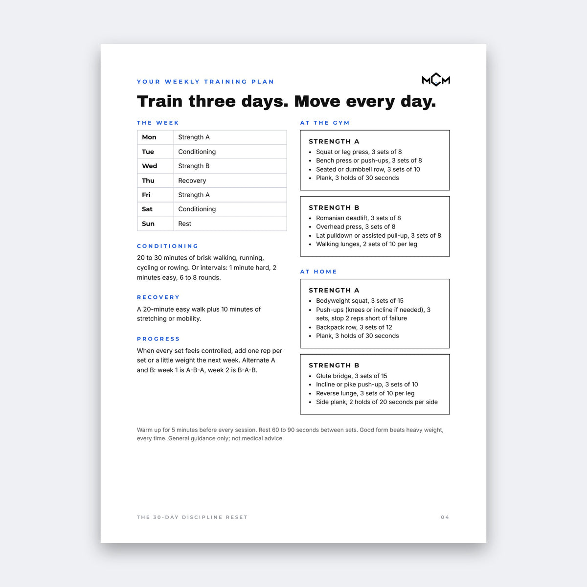 MCM 30-Day Discipline Reset, weekly training plan with gym and at-home workouts
