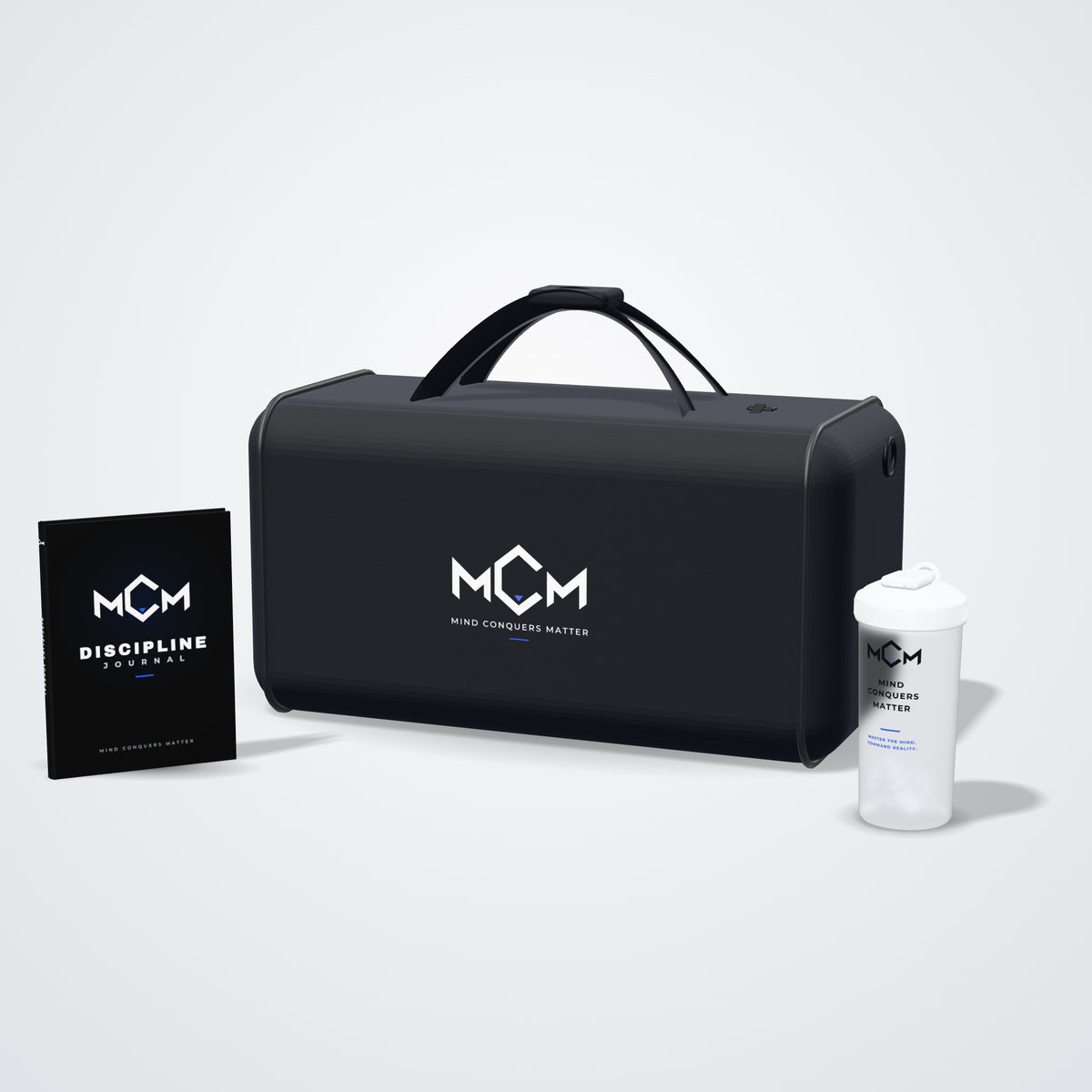 MCM Gear: gym bag, protein shaker and discipline journal
