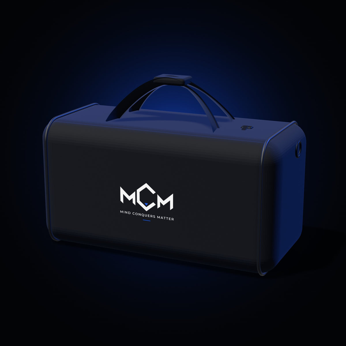 MCM Gym Bag on black with electric blue light (3D render)