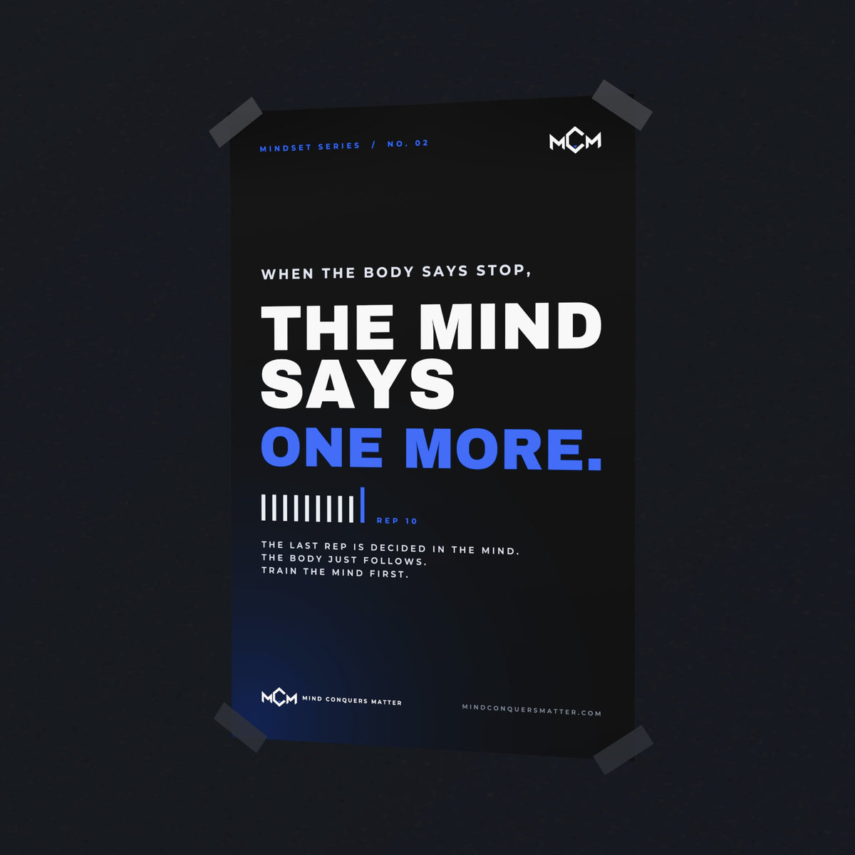 MCM One More poster on a dark wall with electric blue light