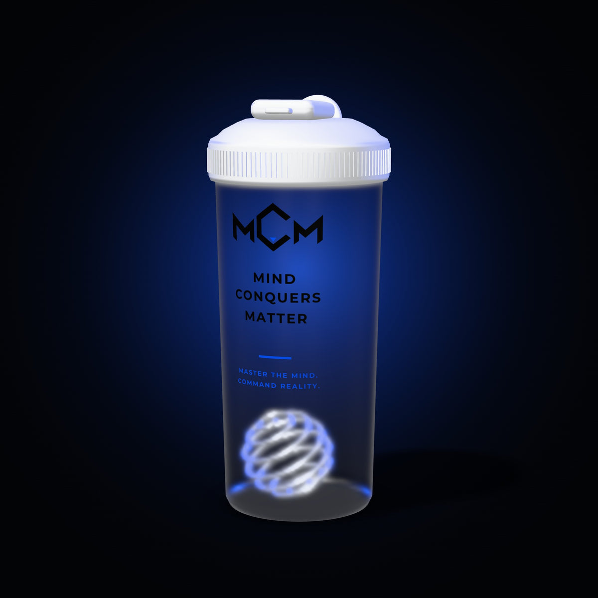 MCM Protein Shaker on black with electric blue light