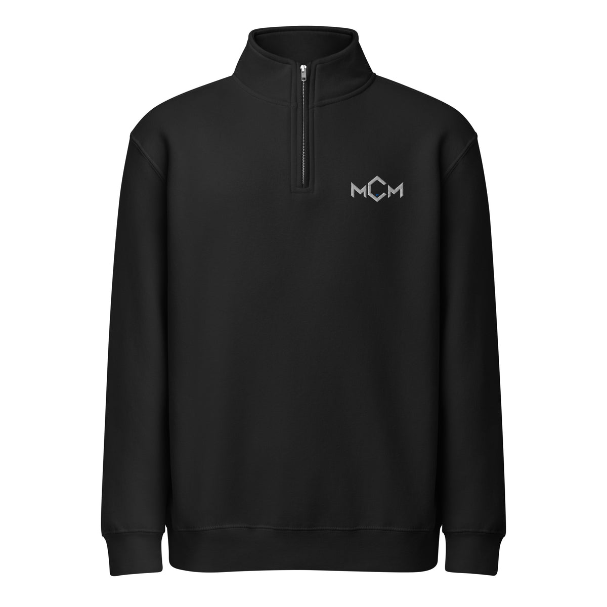 MCM Quarter-Zip in black with the MCM mark embroidered in white and MCM blue over the heart, front