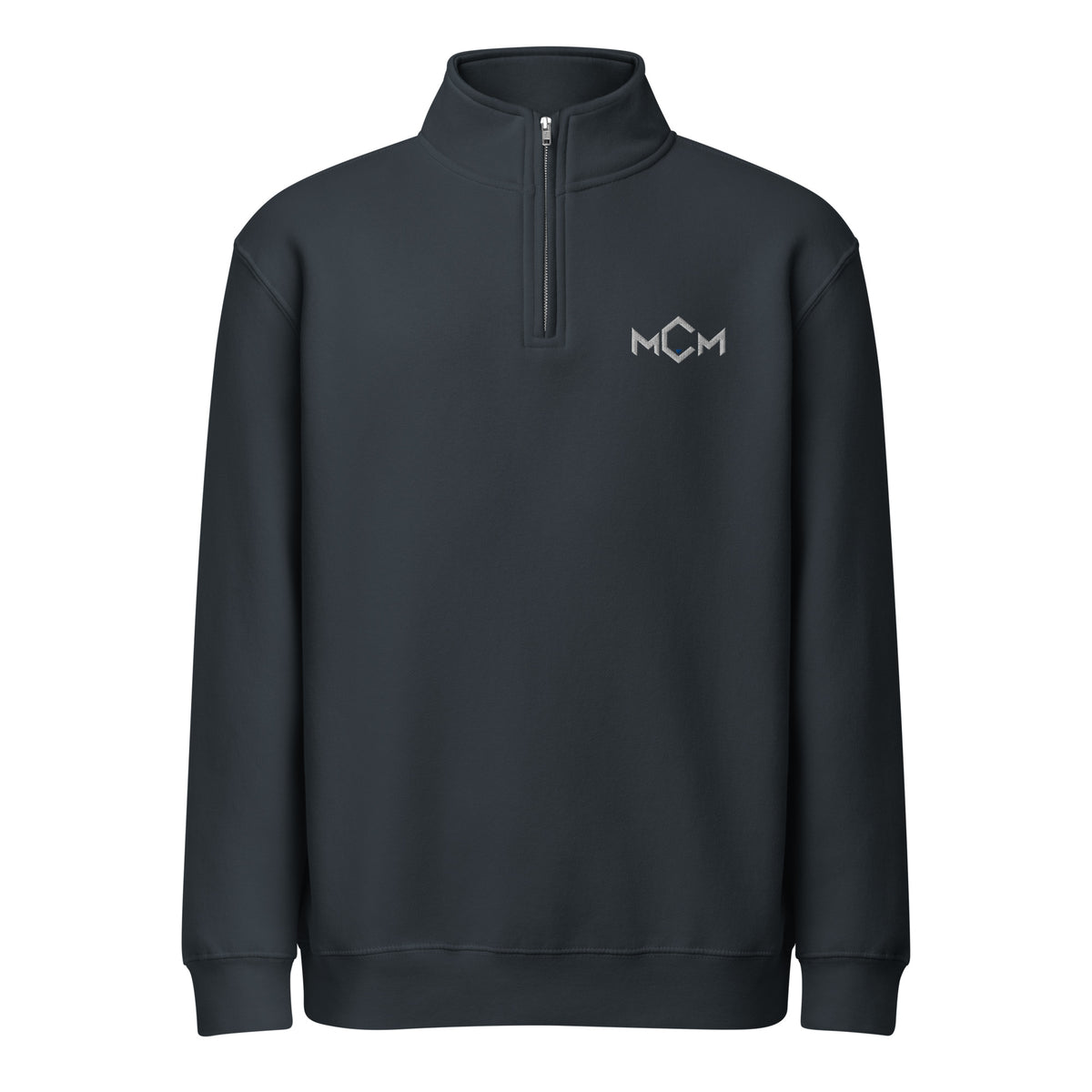 MCM Quarter-Zip in navy with the MCM mark embroidered in white and MCM blue over the heart, front