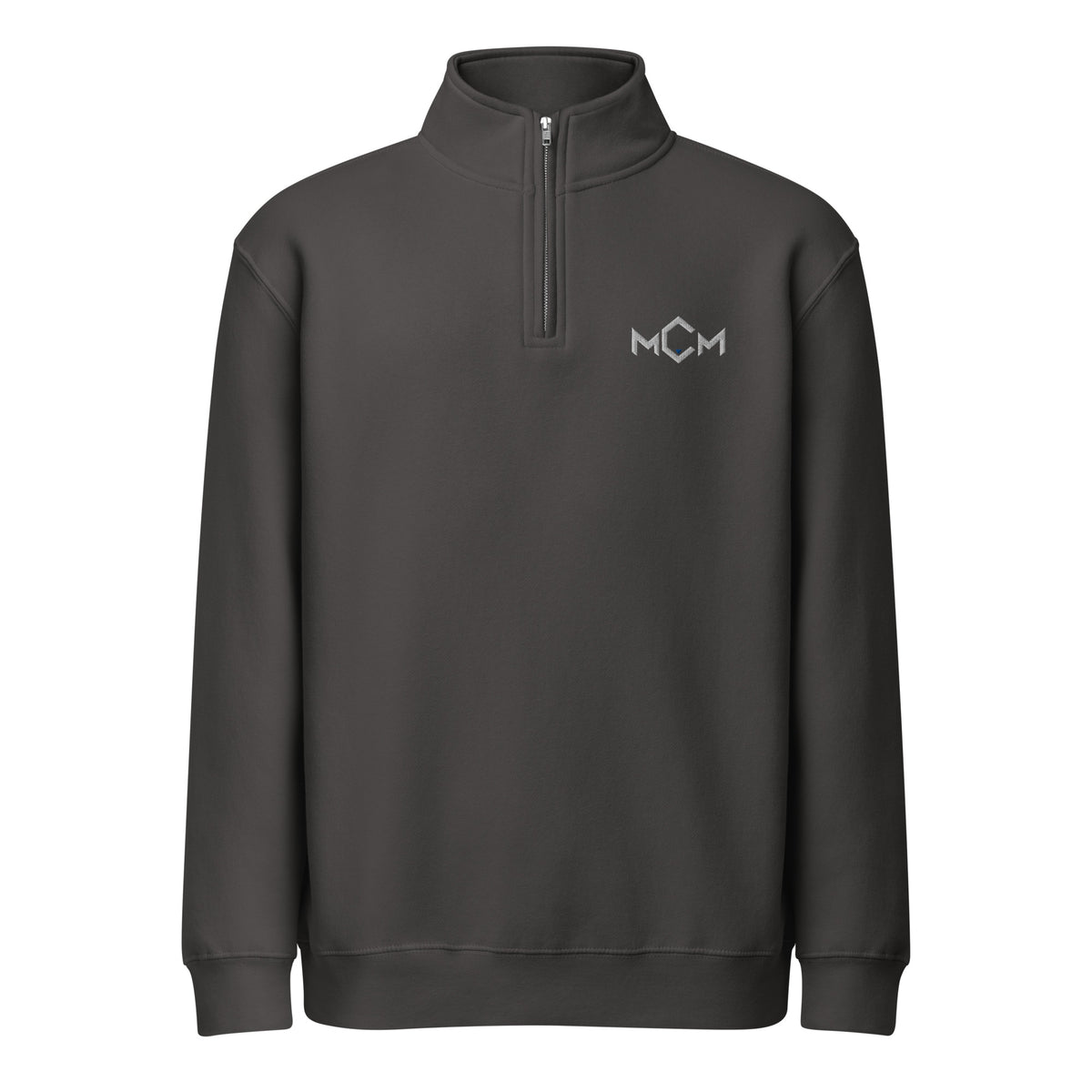 MCM Quarter-Zip in smoke with the MCM mark embroidered in white and MCM blue over the heart, front