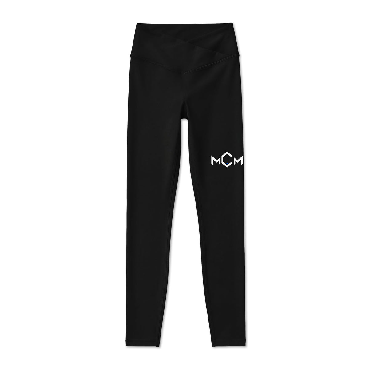 MCM Training Leggings in black with the white and electric blue MCM mark on the left thigh, front