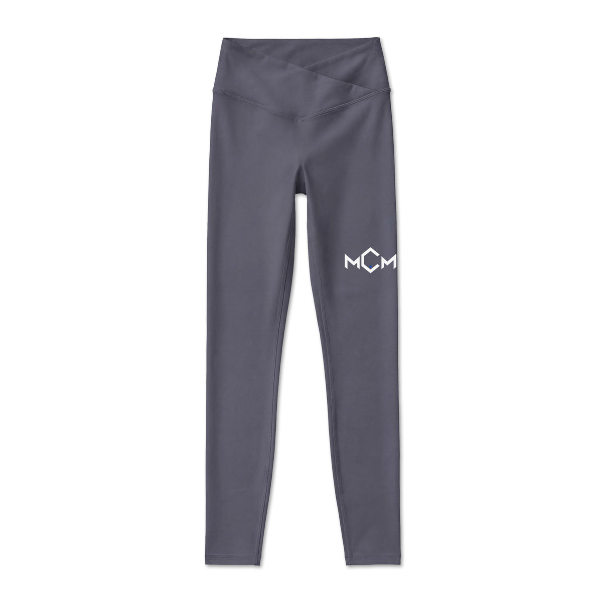MCM Training Leggings in charcoal with the white and electric blue MCM mark on the left thigh, front